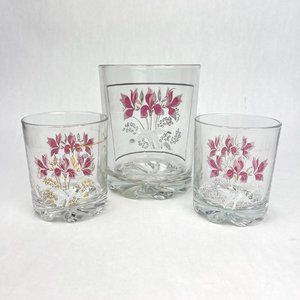 Vtg MCM Cerve DeValbor Ice Bucket + 2 Rocks Glasses Pink Floral Made In Italy